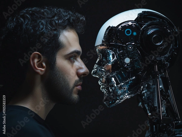 Obraz A man face to face with robot