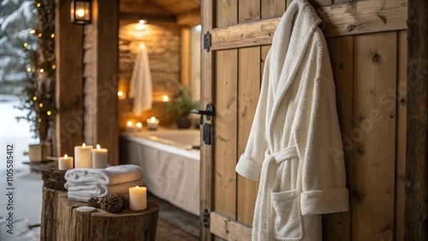 Obraz Warm bathrobe and cozy winter decor by the fire for self-care and relaxation.