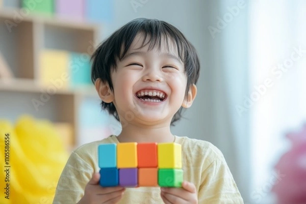 Fototapeta A cheerful child is captured mid-laughter holding a vibrant, multi-colored cube toy indoors, exuding joy and playfulness in a bright, welcoming environment.