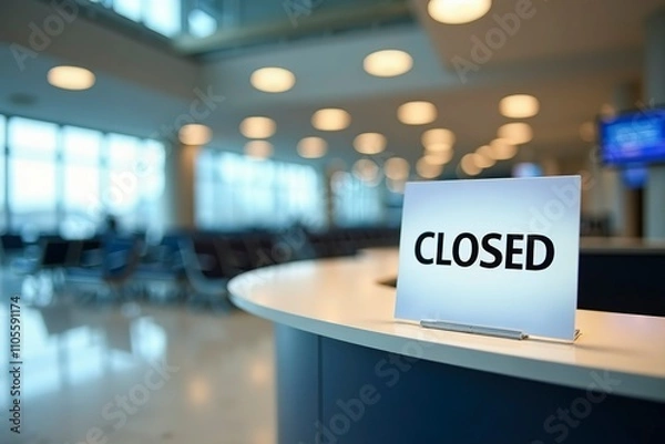 Fototapeta Closed airport counter with empty chairs and a sign indicating no flights available. A symbol of travel disruption and unexpected changes in plans.