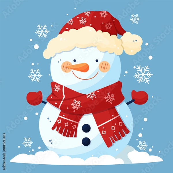 Fototapeta New Year card. A snowman in a red hat and a red scarf decorated with snowflakes on a blue background