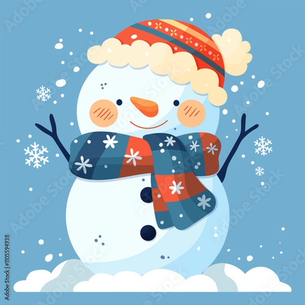 Fototapeta New Year card. A snowman in a red hat and a red scarf decorated with snowflakes on a blue background
