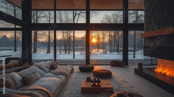 Obraz 【高級インテリア】冬の絶景が広がる大きな窓のモダンリビング｜暖炉のある贅沢なデザイナーズ住宅｜自然と調和した開放的なリビングルーム｜北欧インスピレーション溢れる上質な空間デザイン【建築写真・インテリアデザイン】