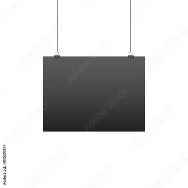 Fototapeta Paper hanging on clip. Poster mockup with black frame. Poster hanging on rope with clips. Realistic empty banner. Vector illustration