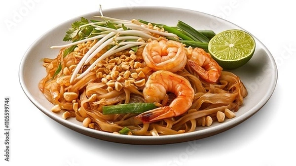 Obraz A vibrant plate of shrimp pad Thai featuring noodles, peanuts, lime, and fresh vegetables, showcasing a delicious Thai culinary experience.
