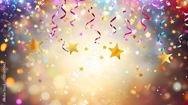 Obraz Abstract, colorful confetti and star patterns set against a festive New Year background.