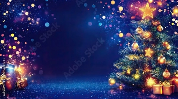 Fototapeta Abstract neon colors and confetti in a festive New Year's background with glowing elements.