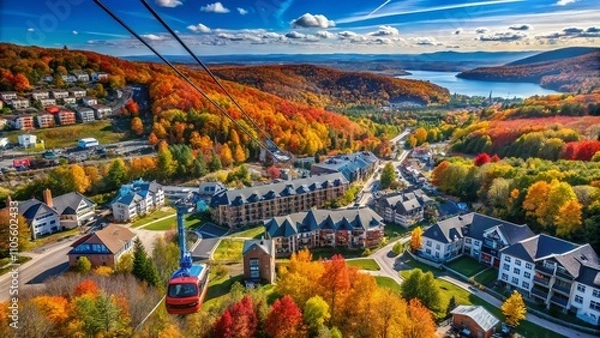 Fototapeta Aerial View of Blue Mountain Resort and Village in Autumn from Open Air Gondola in Collingwood, Ontario - Stunning Fall Foliage and Scenic Landscape Capture