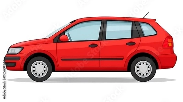 Fototapeta A clip art of a cartoon-style car in bright red with smiling headlights on a white background