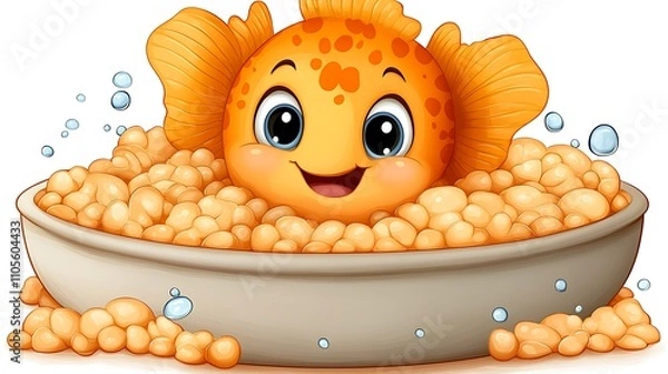 Fototapeta A clip art of a cartoon-style fish swimming in a wave pattern on a white background