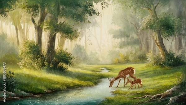 Fototapeta A serene forest glade bathed in soft and dappled light