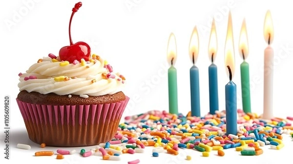 Fototapeta A clip art of a pink cupcake with sprinkles and a cherry on top on a white background