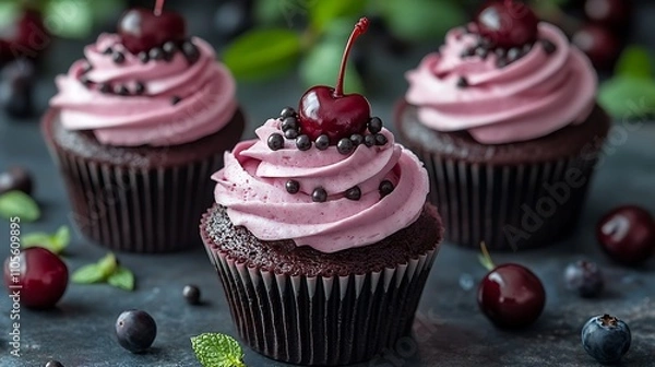 Fototapeta A clip art of a pink cupcake with sprinkles and a cherry on top on a white background