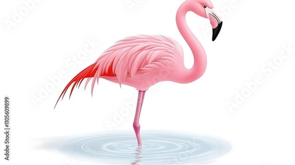 Fototapeta A clip art of a pink flamingo standing in water on a white background