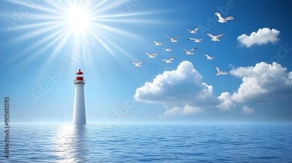 Fototapeta A clip art of a red and white lighthouse by the sea on a white background