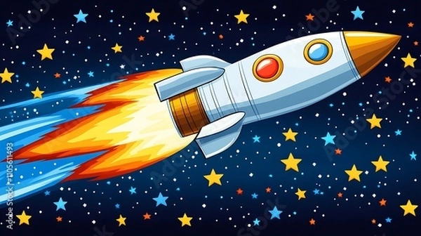 Fototapeta A clip art of a rocket ship flying through space surrounded by stars on a white background