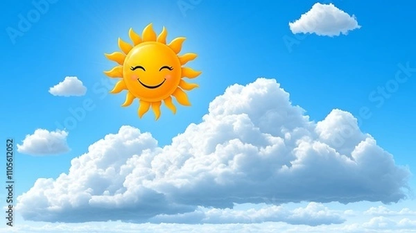 Fototapeta A clip art of a smiling sun peeking from behind a cloud on a white background