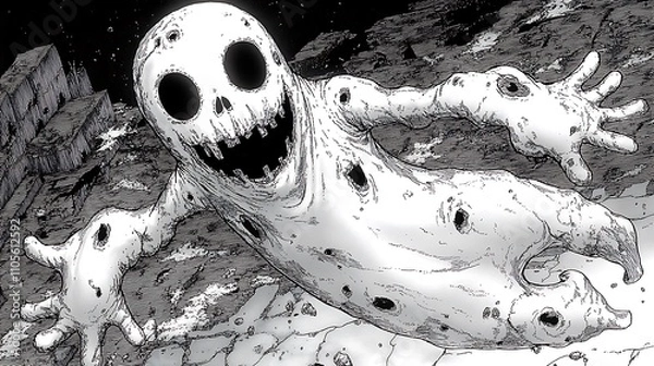 Fototapeta A clip art of a spooky ghost floating in the air on a white background