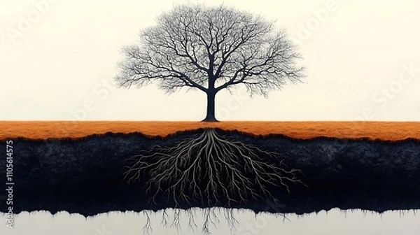 Fototapeta A detailed clip art of a green tree with a full canopy and roots visible on a white background