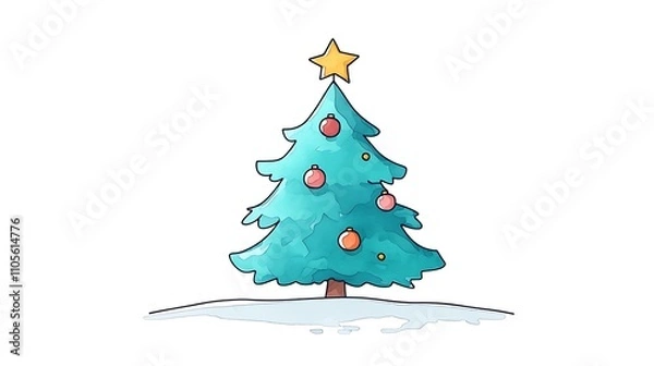 Fototapeta A festive clip art of a green Christmas tree with ornaments and a gold star on top on a white background