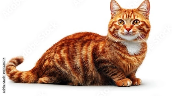 Fototapeta A playful clip art of a cartoon-style cat sitting with a curled tail on a white background