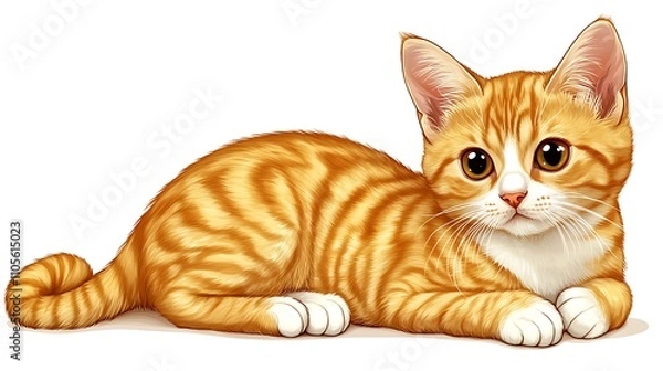 Fototapeta A playful clip art of a cartoon-style cat sitting with a curled tail on a white background