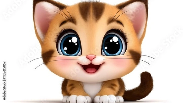 Fototapeta A playful clip art of a cartoon-style cat sitting with a curled tail on a white background