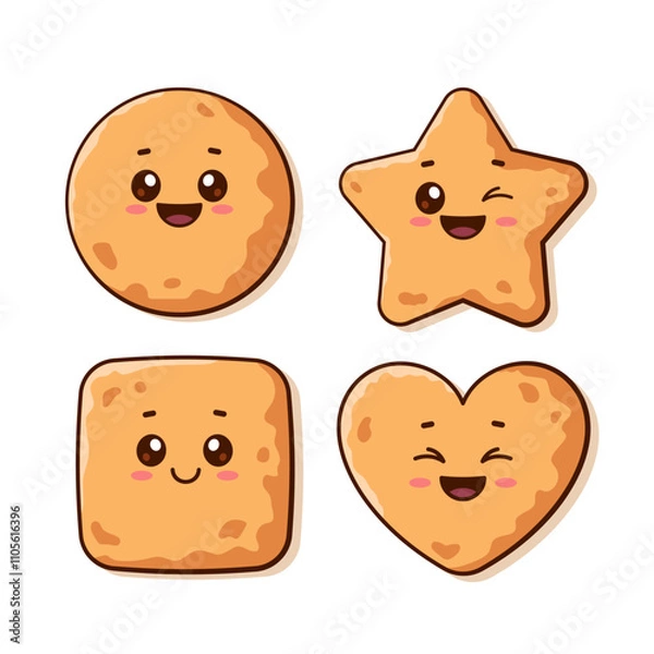 Fototapeta Cute cartoon style kawaii cookie characters, smiling biscuits, pastry. Set of simple vector kids illustrations