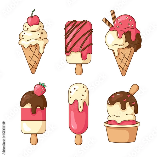 Fototapeta Set of cute kawaii cartoon ice cream desserts, eskimo. Vector illustrations