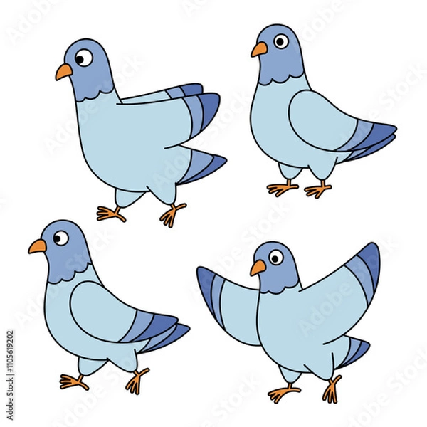 Fototapeta Set of funny cartoon style pigeons, vector  bird characters