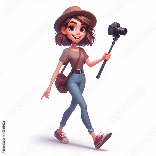 Obraz Adventurous Traveler Cheerful Biker Character Excitement of Discovery and Travel Preparation
