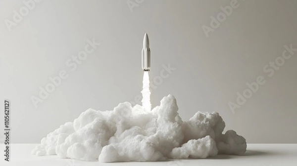Fototapeta Ambition single rocket model lifting off from a whit AI generated illustration