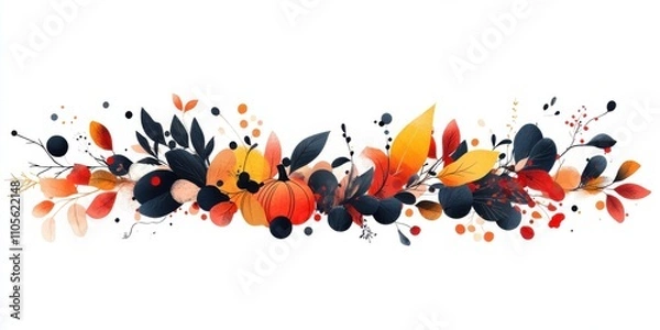 Fototapeta Autumn themed illustration with pumpkin and leaves on light background