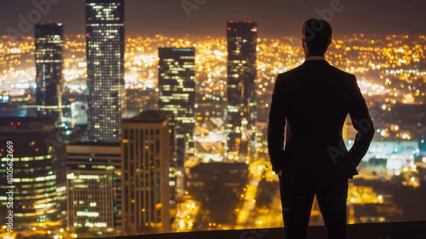 Obraz Ambition drives a figure against a dazzling skyline, representing success in the urban jungle, where dreams meet reality amidst shimmering lights.