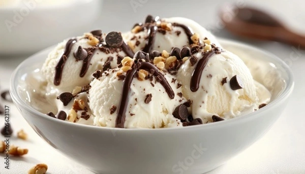 Fototapeta Delicious Vanilla Ice Cream with Chocolate and Walnuts