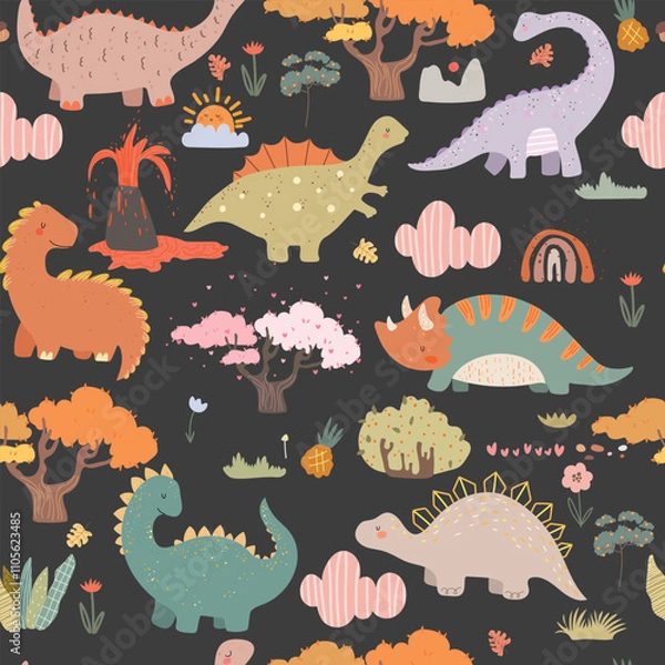 Fototapeta Dino friends. Funny cartoon dinosaurs , volcano plants , mountain. Hand drawn seamless vector doodle set for kids. Good for textiles, wallpapers, wrapping paper, clothes.
