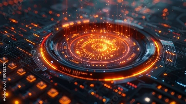 Fototapeta Futuristic glowing circuit board with orange lights. AI generative. .