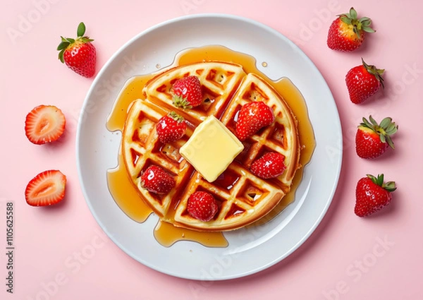 Fototapeta Waffles with butter and maple syrup on a white plate with a pink background