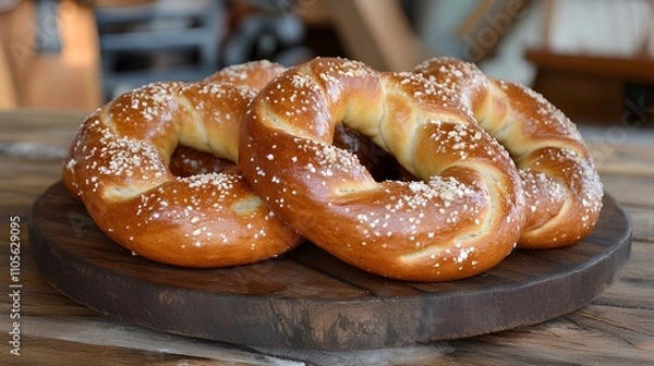 Obraz Freshly Baked Soft Pretzels with Sea Salt Arranged on a Rustic Wooden Platter, Perfect for Snacks, Parties, or Enjoying with Dips and Beverages