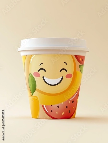 Fototapeta an image of an empty paper cup product packaging with a smiling fruit character. there is a white lid on top of the packaging. on a bright cream background.