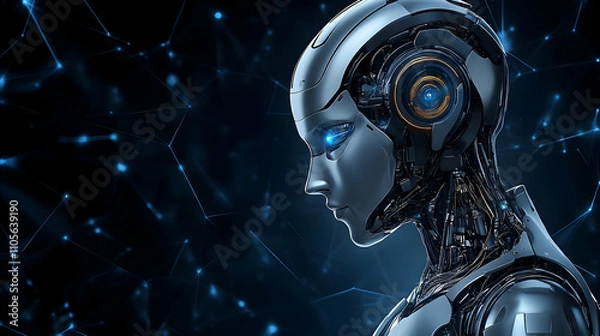 Fototapeta A 3D Rendered Robot Head with a Mechanical Design against a Blue Abstract Background