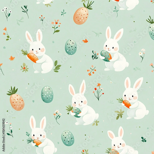 Fototapeta Whimsical Spring Design with Bunnies, Carrots, and Floral Accents