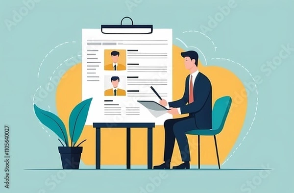 Obraz Writing best resume or CV or applying new job, professionally describe work experience for advantages, career and recruitment concept, smart confidence businessman professional finish writing resume.