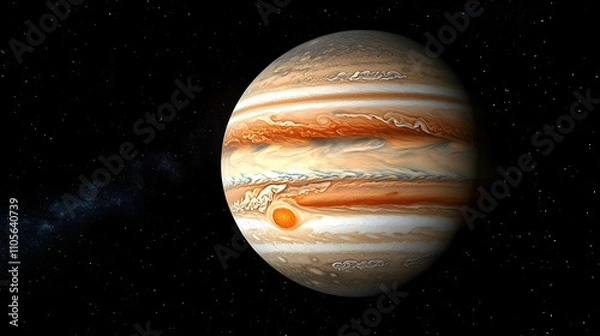 Fototapeta A Detailed 3D Illustration of Jupiter with Visible Bands and the Great Red Spot in the Vastness of Space