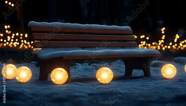 Fototapeta Snow-covered park bench at night, illuminated by warm lights.