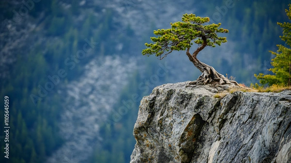 Fototapeta Perseverance: An Ancient Tree on a Steep Cliff - A Stronghold Against Nature's Fury Representing Enduring Strength