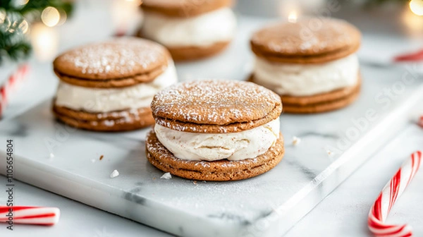 Fototapeta Mini Eggnog Ice Cream Sandwiches Between Gingerbread Cookies on a Marble Tray with Candy Canes and Glowing Christmas Tree for Holiday Celebrations