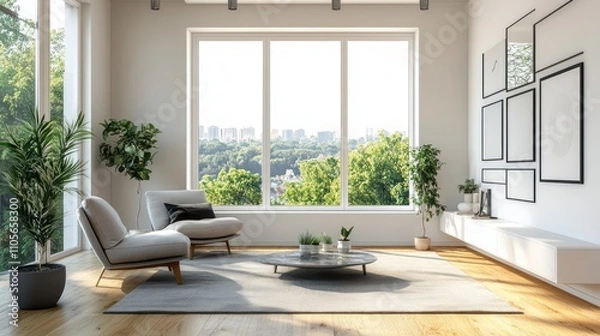 Fototapeta Modern living room with large window, city view, and comfortable seating.