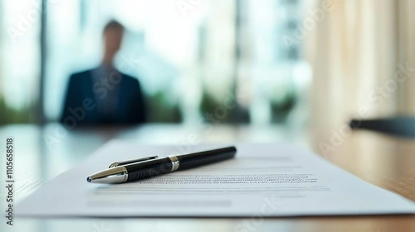 Obraz Bright modern office with property loan paperwork on table, focus on pen and documents, banker in background, professional yet inviting