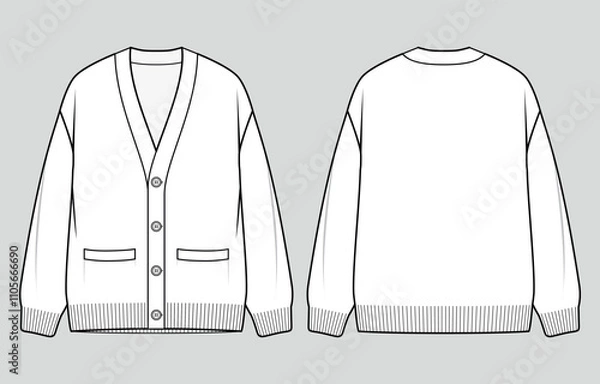 Fototapeta Men's v-neck knit cardigan. Button placket jumper. Vector technical sketch. Mockup template.